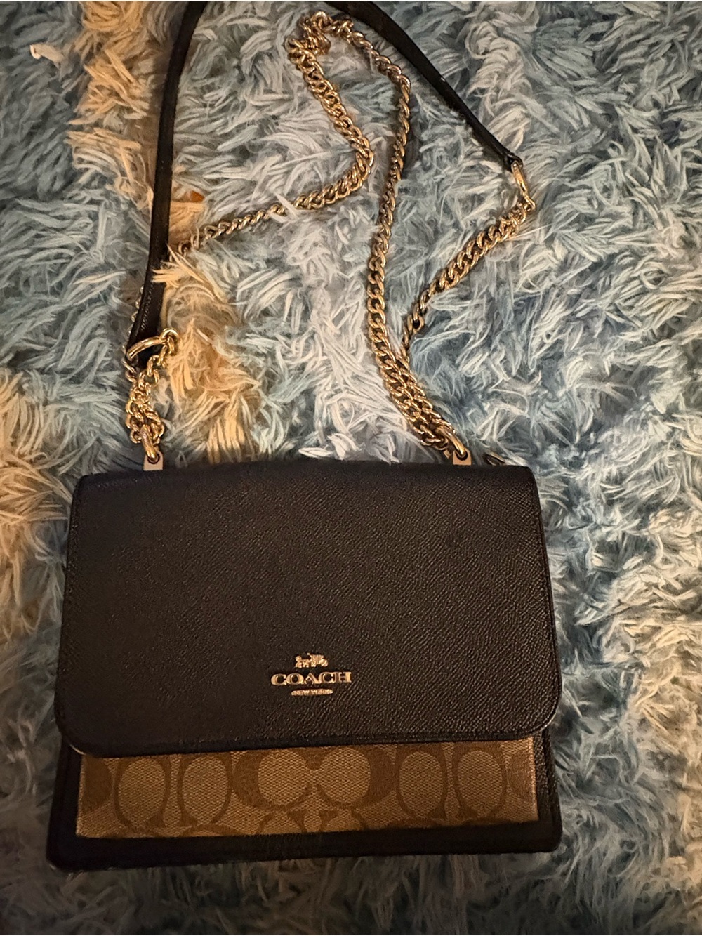 Coach Black & Brown Signature Crossbody with Gold Chain